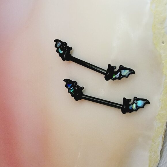 NWT 14G Black Bat PVD coated Surgical Steel abalone insert nipple bar piercing - Picture 2 of 6